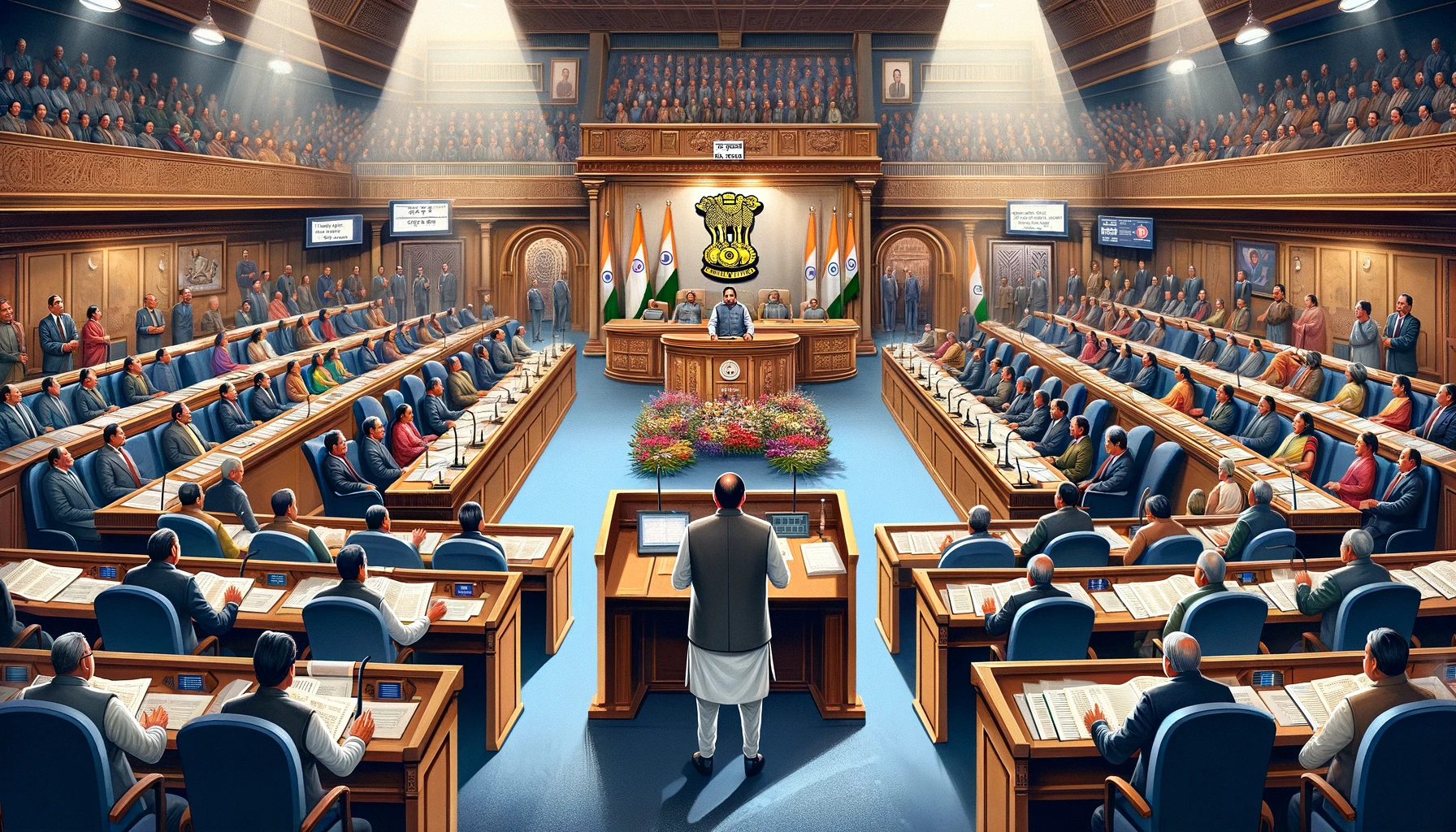 A scene depicting the Himachal Pradesh Chief Minister, Mr. Sukkhu, presenting the 2024 budget in the state assembly