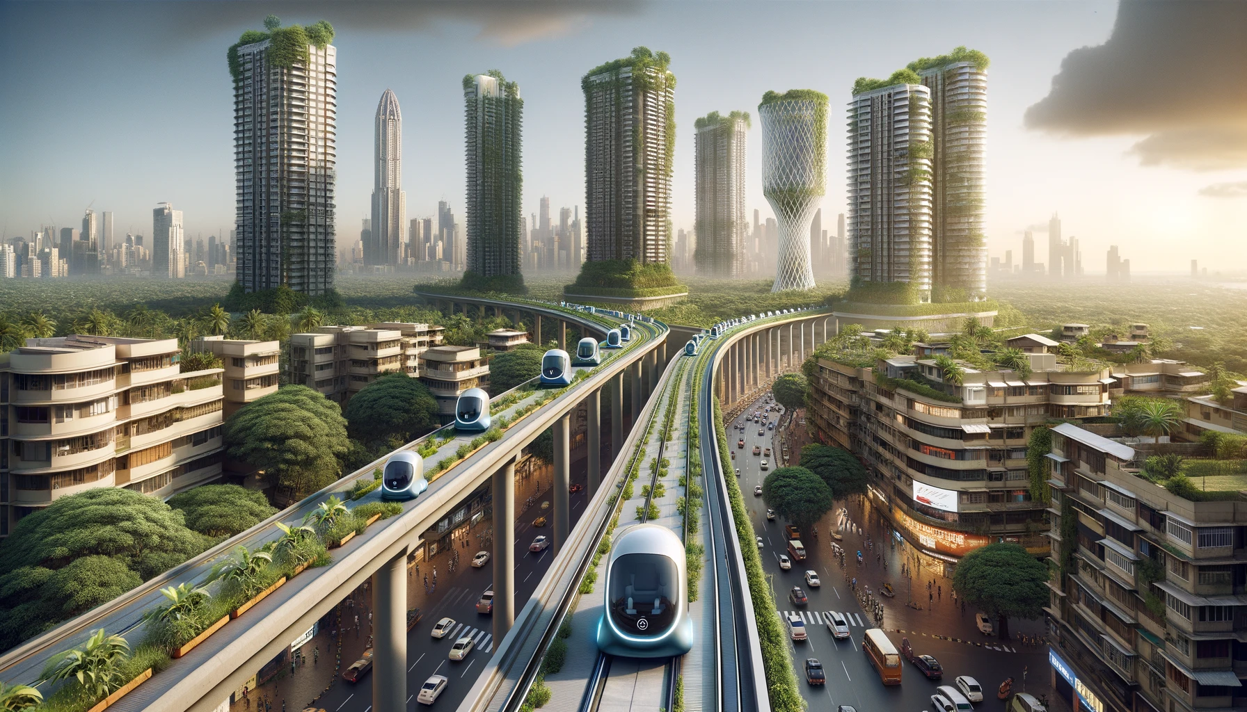 A futuristic scene in Mumbai showing pod taxis traveling between high-rise buildings, with the Bandra-Kurla Complex skyline