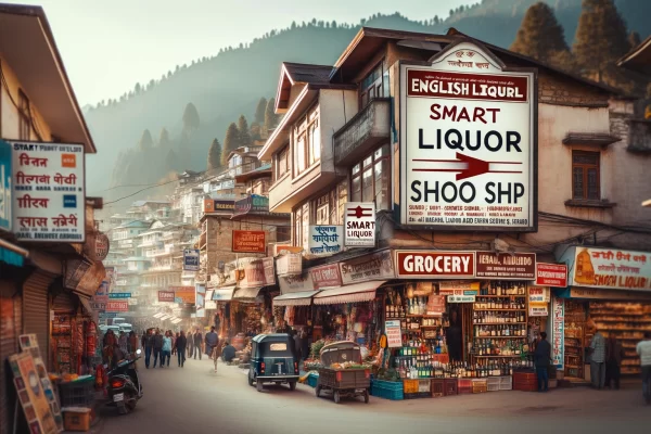 A vibrant and busy market street in Himachal Pradesh with a variety of shops including a grocery store prominently displaying a sign for 'Smart Liquor Shop'