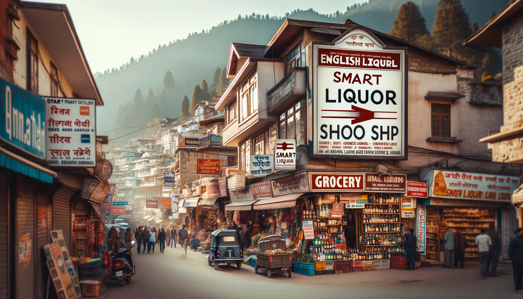 A vibrant and busy market street in Himachal Pradesh with a variety of shops including a grocery store prominently displaying a sign for 'Smart Liquor Shop'