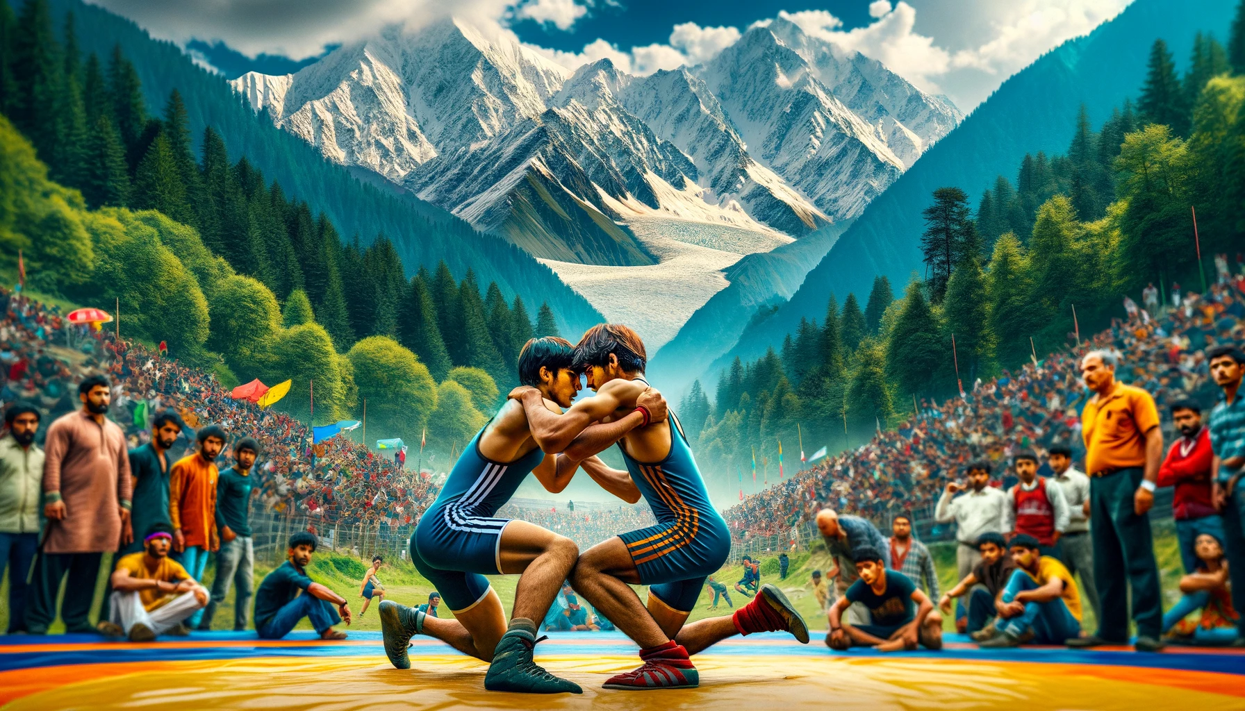 vibrant scene during a wrestling competition held in Himachal Pradesh, set against a backdrop of the region's natural beauty