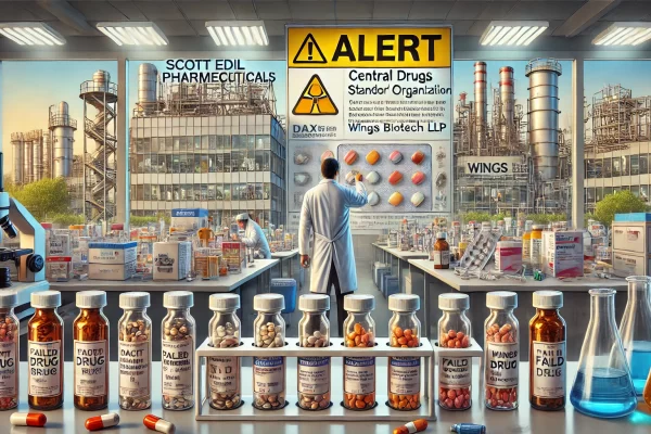 A detailed laboratory scene showing failed drug samples, with a backdrop of pharmaceutical plants