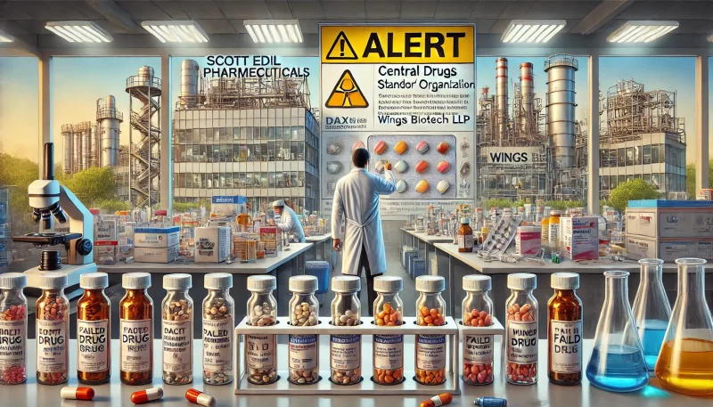 A detailed laboratory scene showing failed drug samples, with a backdrop of pharmaceutical plants