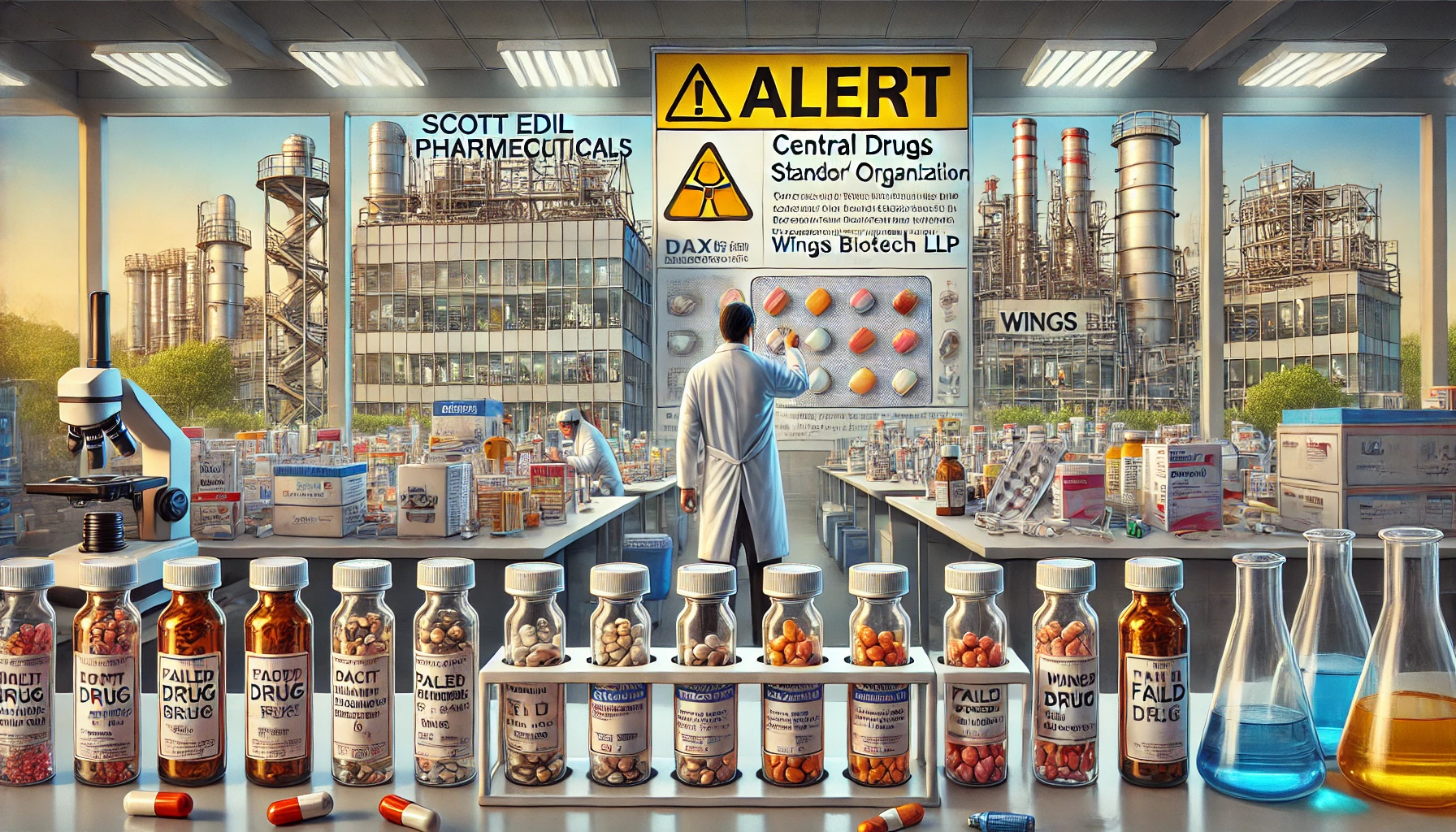 A detailed laboratory scene showing failed drug samples, with a backdrop of pharmaceutical plants