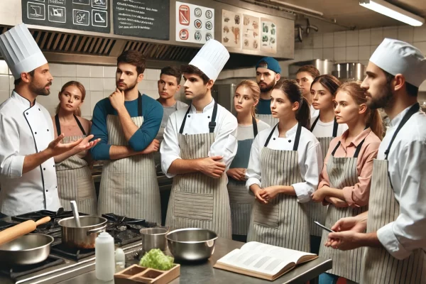 A group of school cooks and helpers in a training session inside a well-equipped kitchen. They are wearing aprons and chef hats, attentively listening