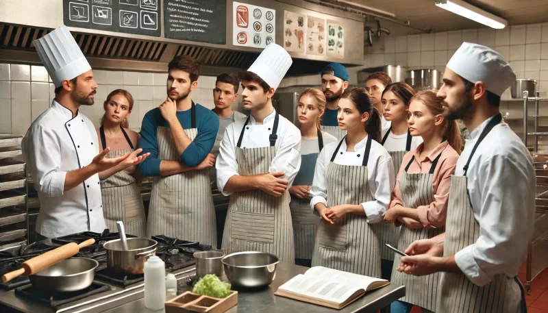 A group of school cooks and helpers in a training session inside a well-equipped kitchen. They are wearing aprons and chef hats, attentively listening