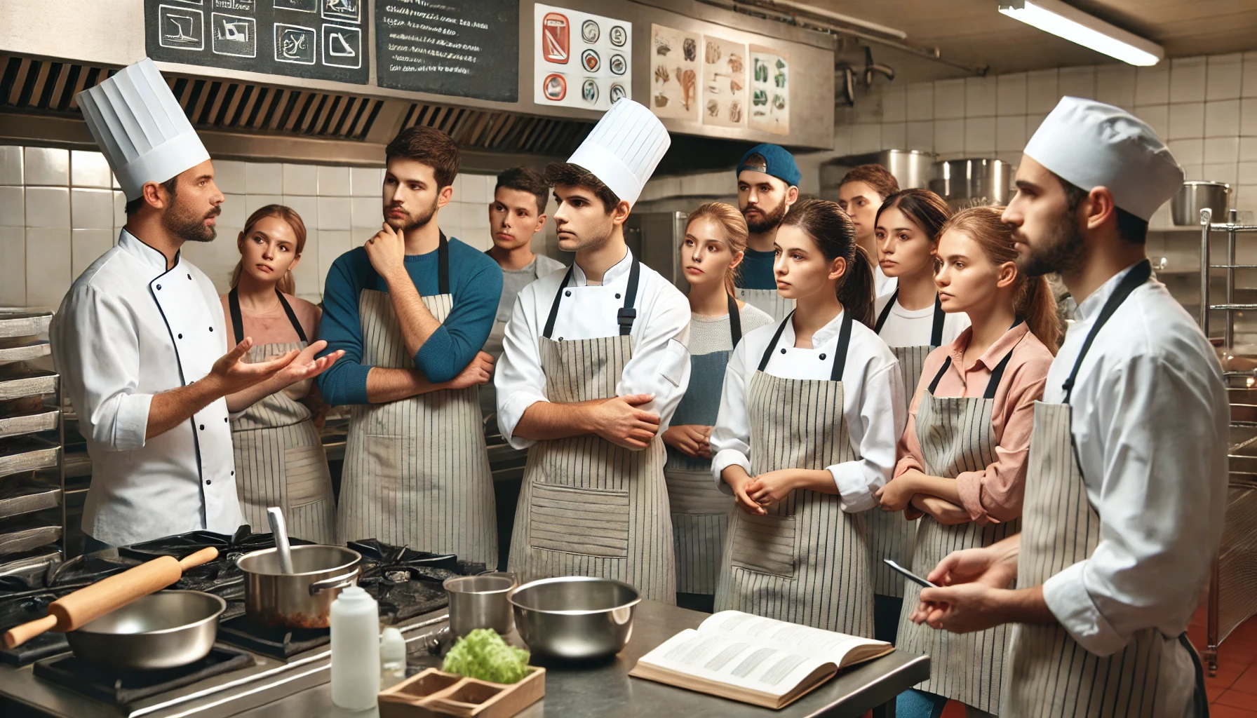 A group of school cooks and helpers in a training session inside a well-equipped kitchen. They are wearing aprons and chef hats, attentively listening