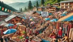 A vibrant tribal artisan fair in Himachal Pradesh with artisans displaying their handmade products and local produce