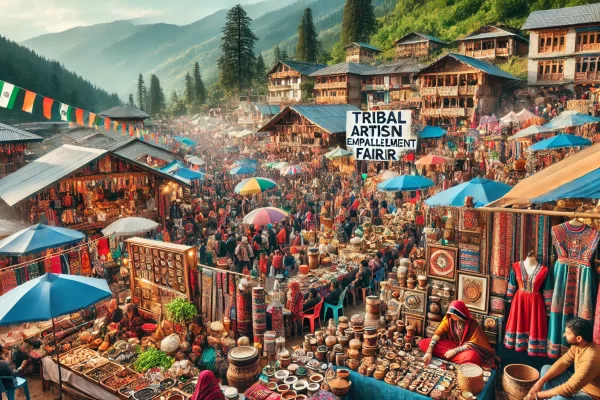 A vibrant tribal artisan fair in Himachal Pradesh with artisans displaying their handmade products and local produce