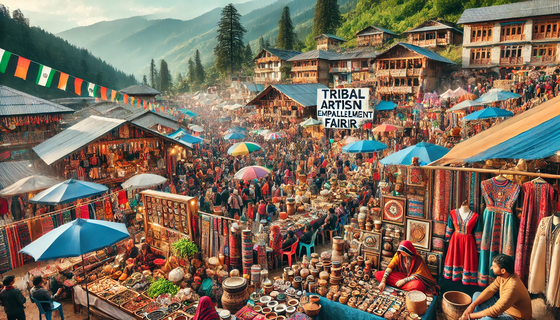 A vibrant tribal artisan fair in Himachal Pradesh with artisans displaying their handmade products and local produce