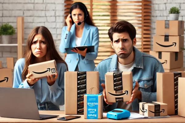 An image showing frustrated customers with online shopping packages from Amazon. Customers are holding wrong items received