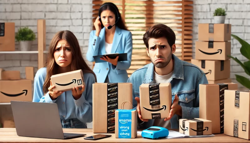 An image showing frustrated customers with online shopping packages from Amazon. Customers are holding wrong items received