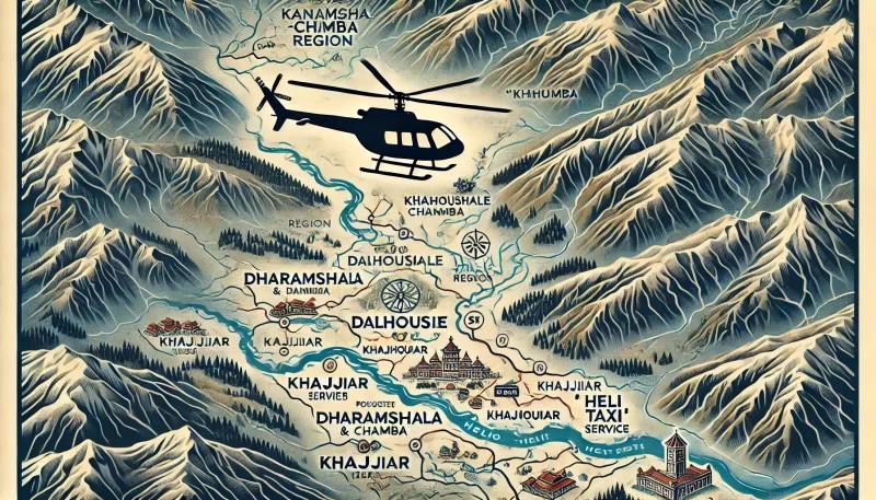 A detailed map of Kangra-Chamba region highlighting major tourist spots like Dharamshala, Dalhousie, and Khajjiar with a helicopter icon