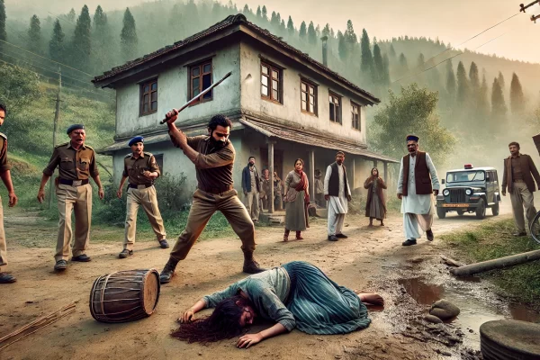 A dramatic scene in a small town in Himachal Pradesh where a man is standing and attacking a woman with an iron rod