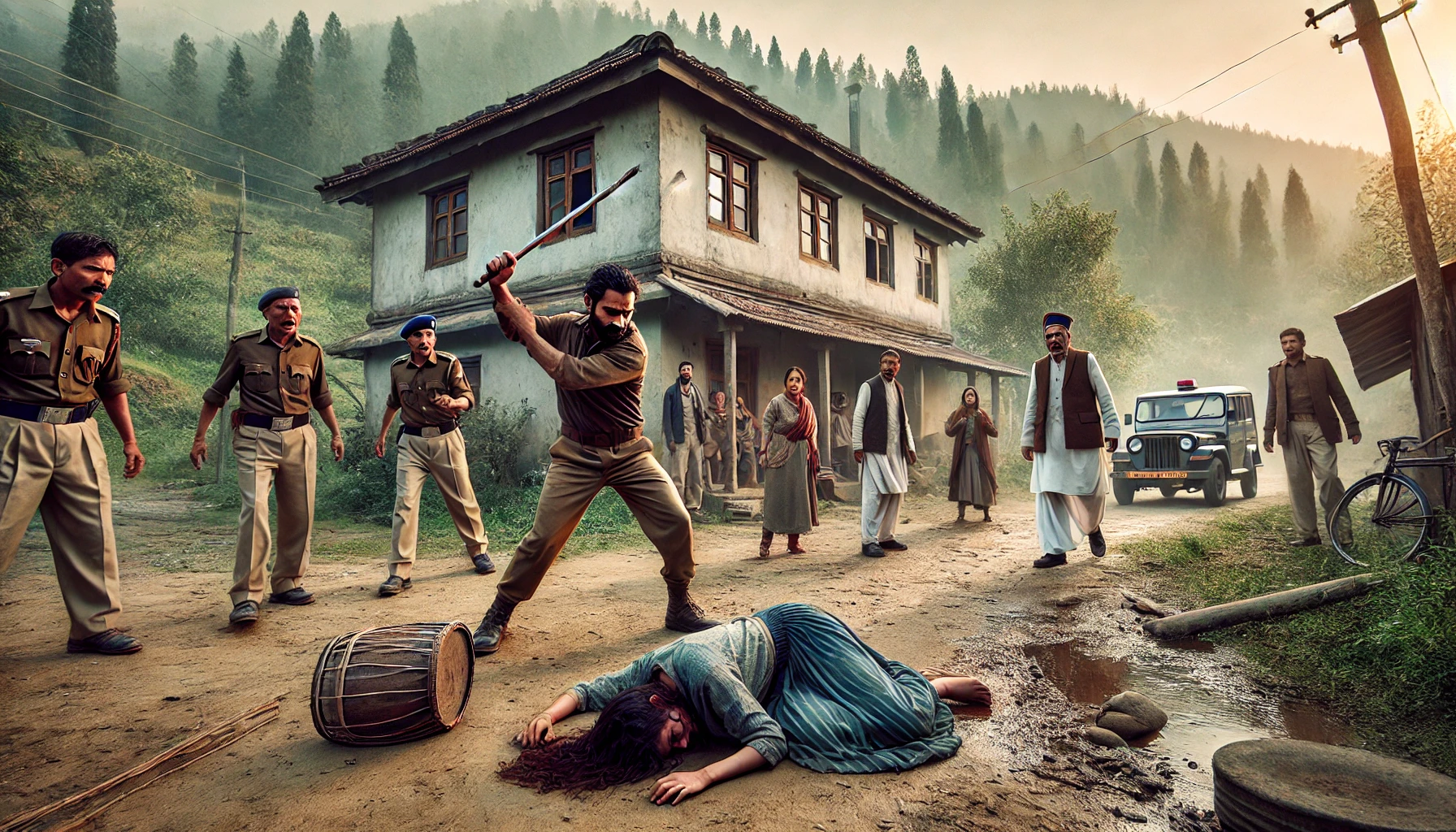 A dramatic scene in a small town in Himachal Pradesh where a man is standing and attacking a woman with an iron rod