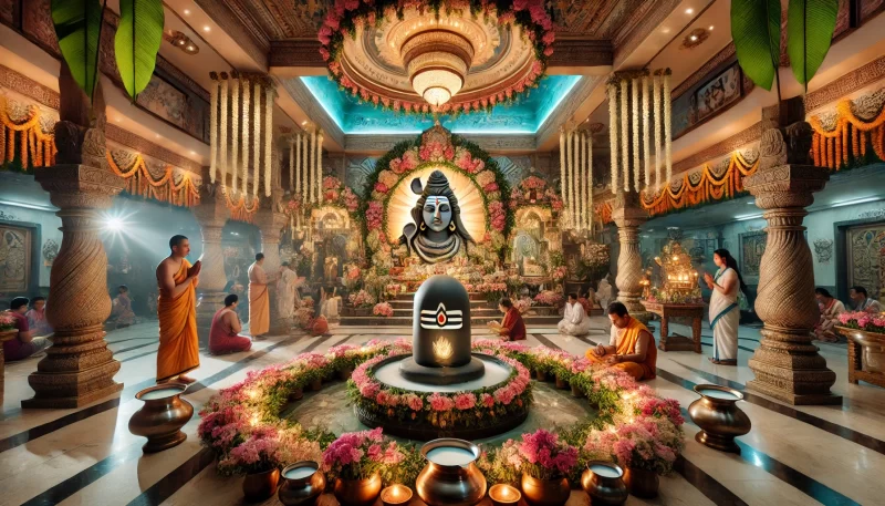  A serene Hindu temple adorned for the Sawan festival, with devotees offering prayers to Lord Shiva 