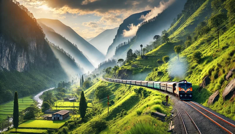 An image of a broad gauge train on the Pathankot-Jogindernagar railway line passing through lush green valleys