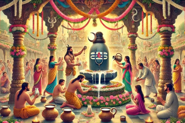 image depicting the celebration of Sawan Somwar, with devotees performing Shiva worship in a beautifully decorated temple