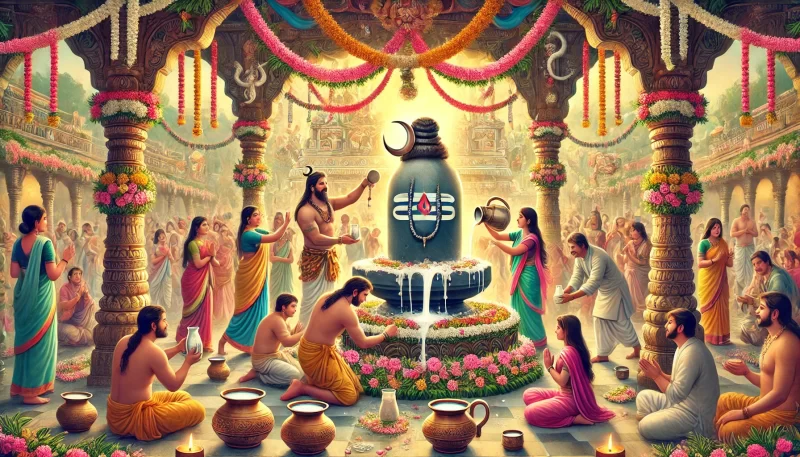 image depicting the celebration of Sawan Somwar, with devotees performing Shiva worship in a beautifully decorated temple