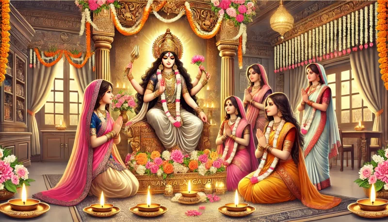  image depicting women performing Mangala Gauri Puja during Sawan month