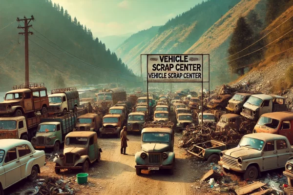 vehicle scrap yard in Himachal Pradesh, India. The image depicts several old, rusty vehicles lined up for dismantling