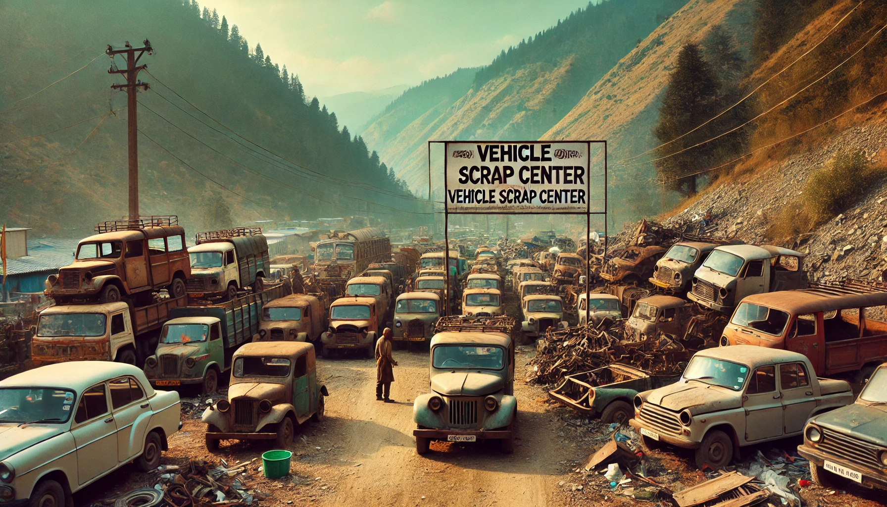 vehicle scrap yard in Himachal Pradesh, India. The image depicts several old, rusty vehicles lined up for dismantling