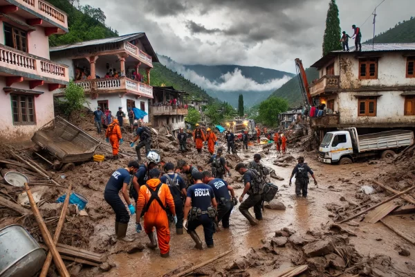 rescue team working amidst the flood aftermath in Himachal Pradesh