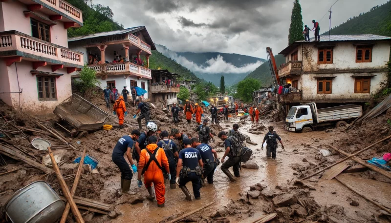 rescue team working amidst the flood aftermath in Himachal Pradesh