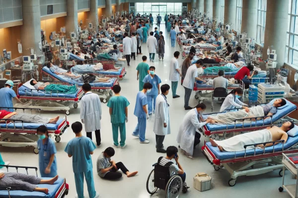 A busy hospital emergency room scene, with many patients waiting for treatment. Some patients are lying on stretchers or the floor due to overcrowding