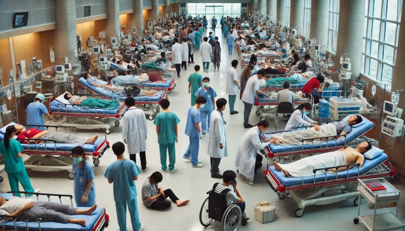 A busy hospital emergency room scene, with many patients waiting for treatment. Some patients are lying on stretchers or the floor due to overcrowding