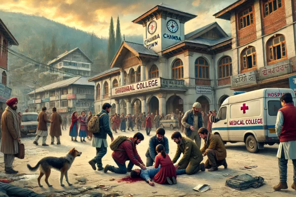 A scene in Chamba town with a sense of urgency as a few people help an injured person outside a medical college. The background shows the entrance of