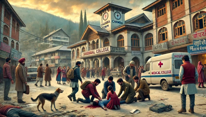 A scene in Chamba town with a sense of urgency as a few people help an injured person outside a medical college. The background shows the entrance of