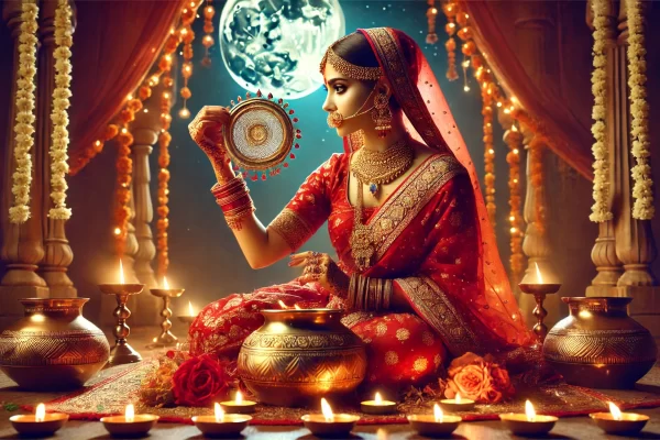 A traditional Indian woman, dressed in a vibrant red saree with gold jewelry, is performing the Karwa Chauth ritual at night