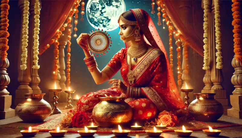 A traditional Indian woman, dressed in a vibrant red saree with gold jewelry, is performing the Karwa Chauth ritual at night