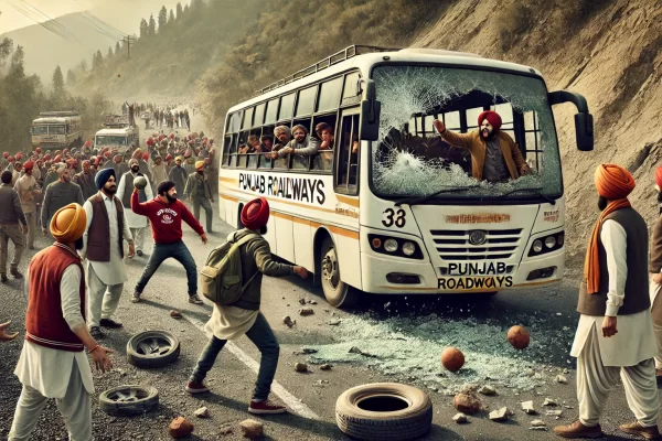 An image of an incident in Mandi Himachal Pradesh where a group of youths throw stones at a moving bus