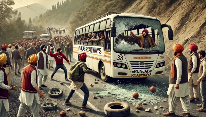 An image of an incident in Mandi Himachal Pradesh where a group of youths throw stones at a moving bus