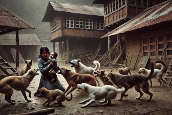 A dramatic and emotional scene depicting multiple stray dogs attacking a three-year-old baby boy