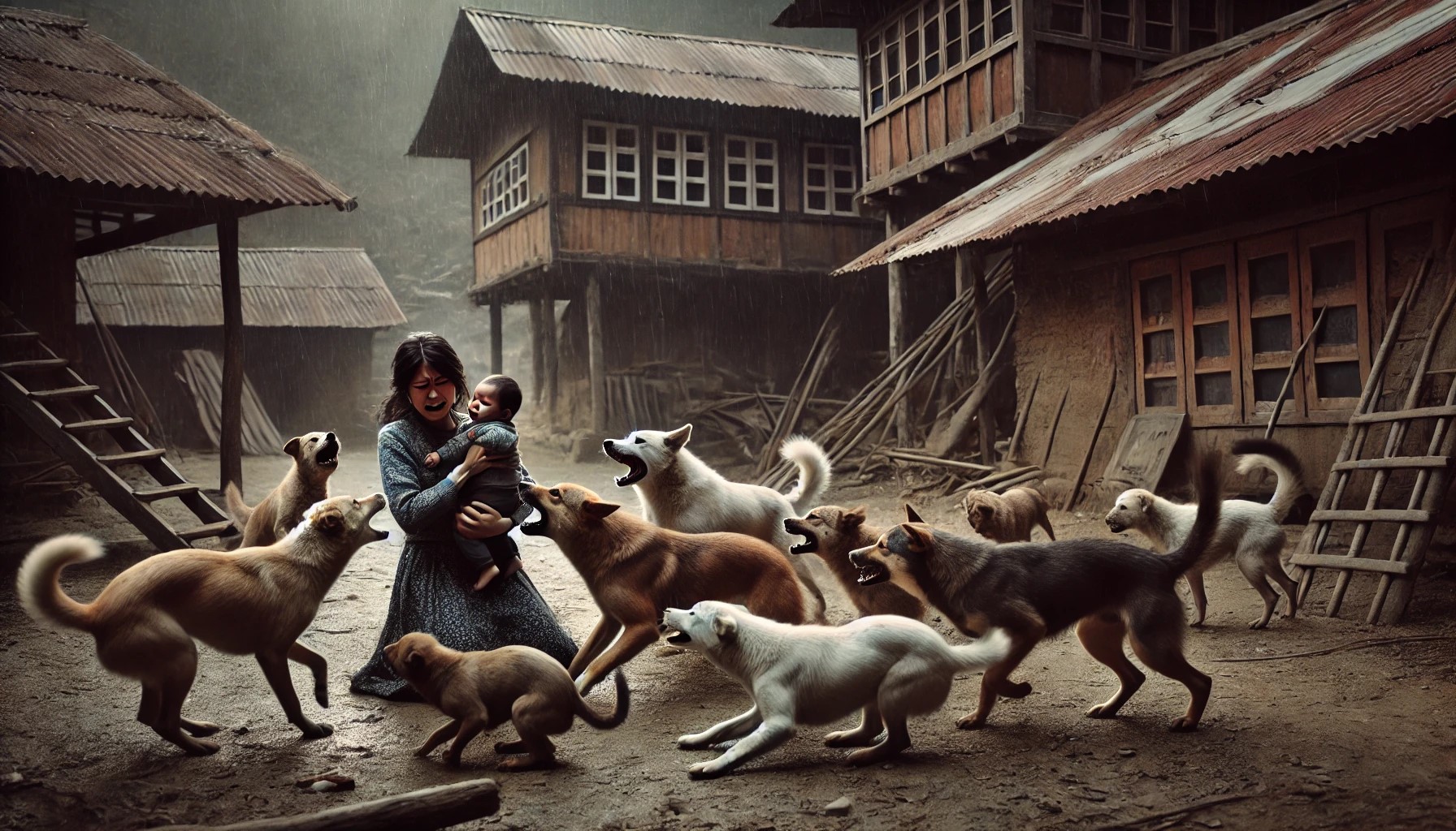 A dramatic and emotional scene depicting multiple stray dogs attacking a three-year-old baby boy