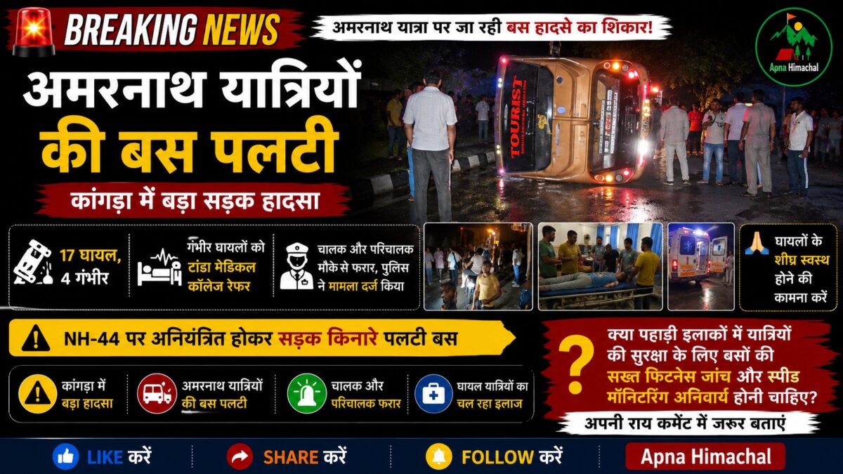 कांगड़ा में अमरनाथ यात्रियों से भरी बस पलटी, 17 घायल; 4 की हालत गंभीर, चालक-परिचालक फरार